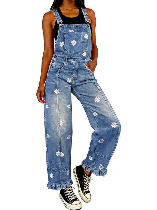 Pants - Women's Blue Floral Denim Overalls Baggy Patchwork Barrel Jeans Jumpsuit Floral